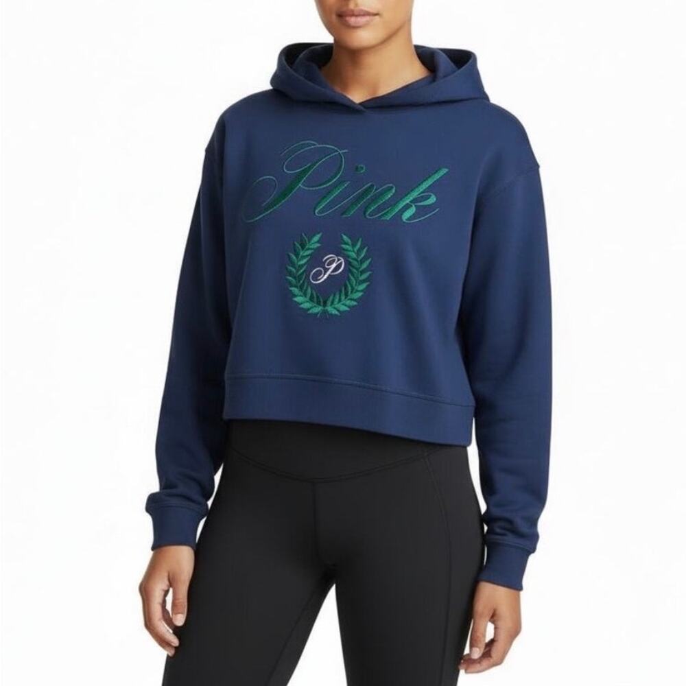 Victoria's Secret Pink Navy Blue Fleece Classic Cropped Hoodie Sweatshirt Large - Picture 3 of 7
